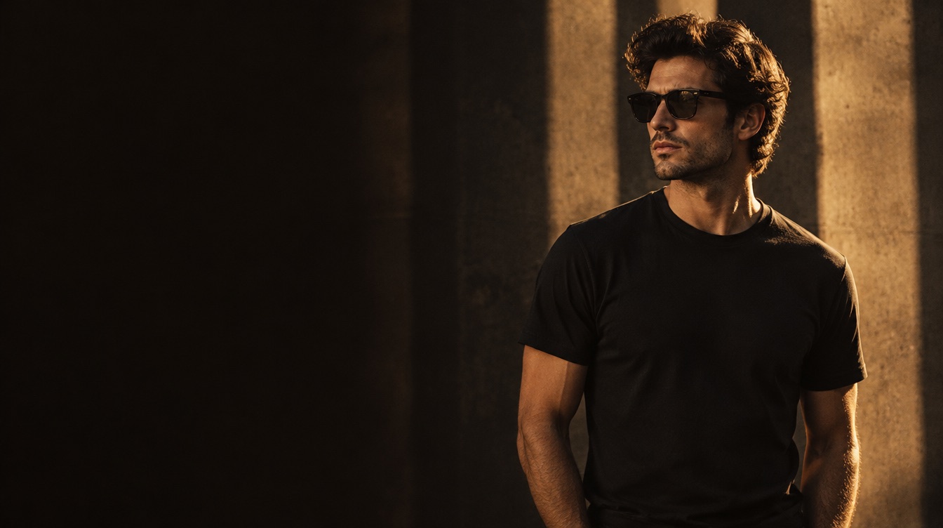Un homme en t-shirt noir et lunettes de soleil, de profil, dans une lumière dorée