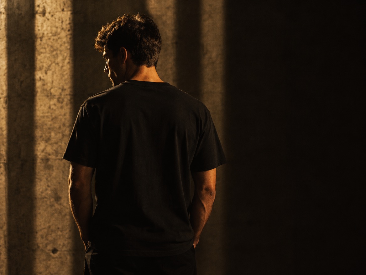 Un homme de dos en t-shirt noir, face à un mur de béton éclairé par une lumière dorée